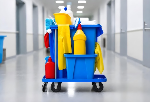 Closeup of a cleaning cart with various cleaning supplies and a gloved hand in a bright indoor