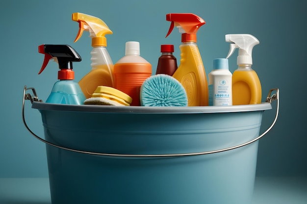 Closeup of Cleaning Products in a Blue Bucket