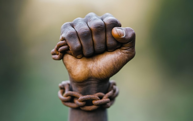 Closeup of a clenched fist with chains around it representing struggle and resistance