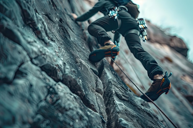 Photo closeup of climber scaling sheer rock face