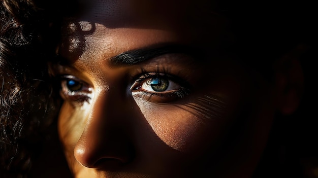 Closeup closeup greeneyed young Spanish woman with curly hair