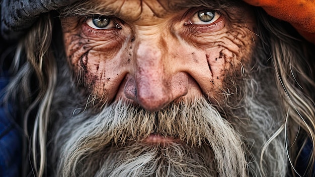 Closeup closeup of old man with wrinkles and scarred face