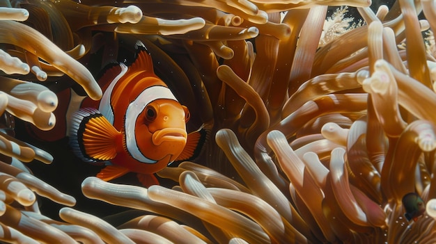 A closeup of a clownfish nestled among the swaying tentacles of a sea anemone illustrating the symbiotic relationship between these iconic reef inhabitants