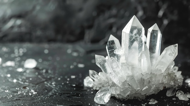 Closeup of a cluster of clear quartz crystals on a dark background