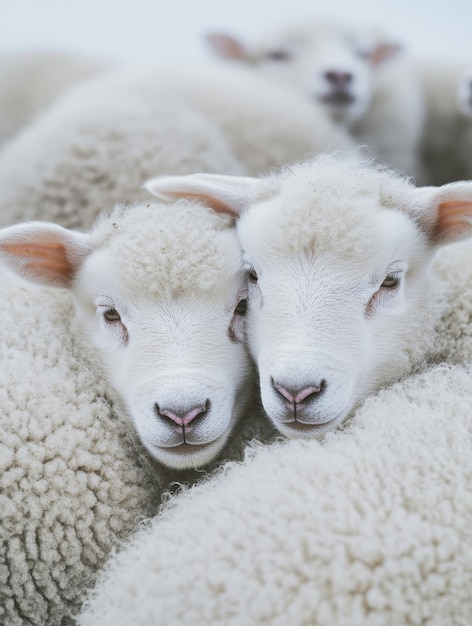 Photo closeup of a cluster of lambs huddling together for warmth