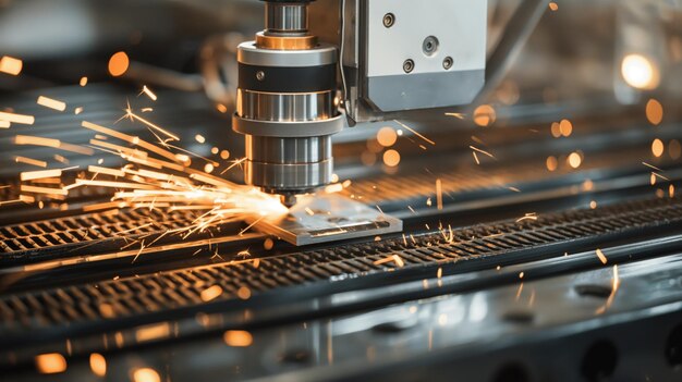 Closeup of CNC machine cutting metal with bright sparks flying in an industrial manufacturing setting