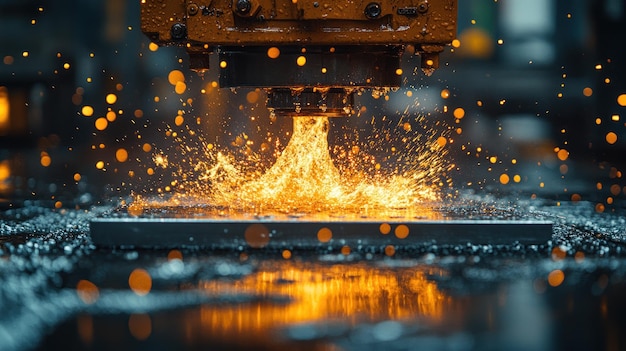 Closeup of a CNC machine cutting metal with sparks flying