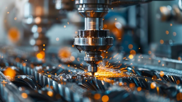 Closeup of a CNC machine in operation showcasing precision engineering with sparks flying indicating industrial activity