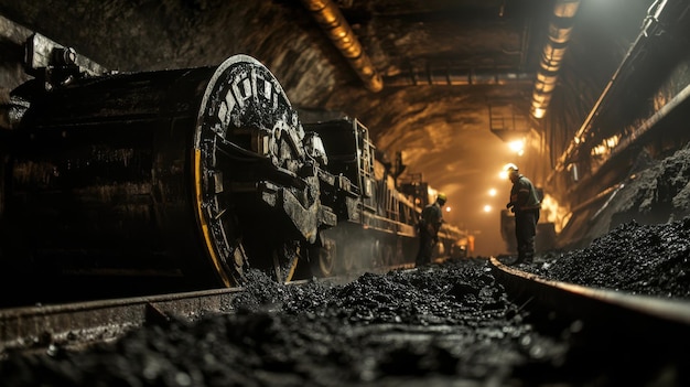 Photo closeup of coal miners operating heavy machinery underground extracting coal from