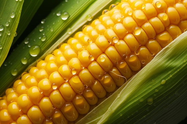 A closeup of a cob of corn with droplets of rain on it