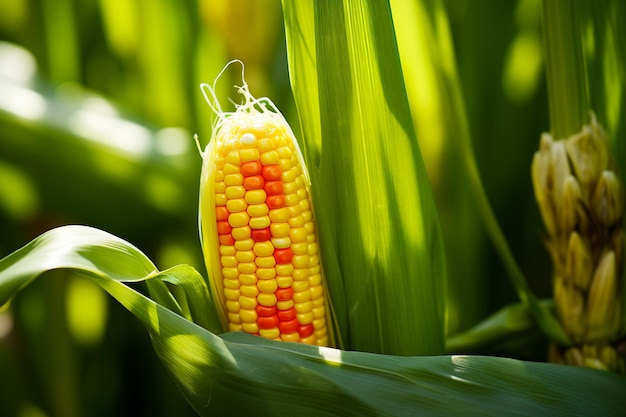 A closeup of a cob of corn with kernels in various colors