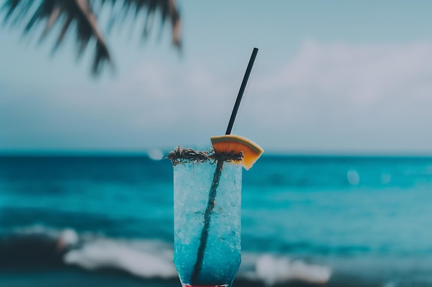 CloseUp Of cocktail On beach blue ocean background Illustration Generative AI