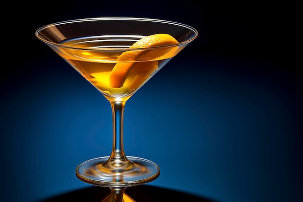 Closeup of a cocktail glass elegantly positioned on a polished bar counter