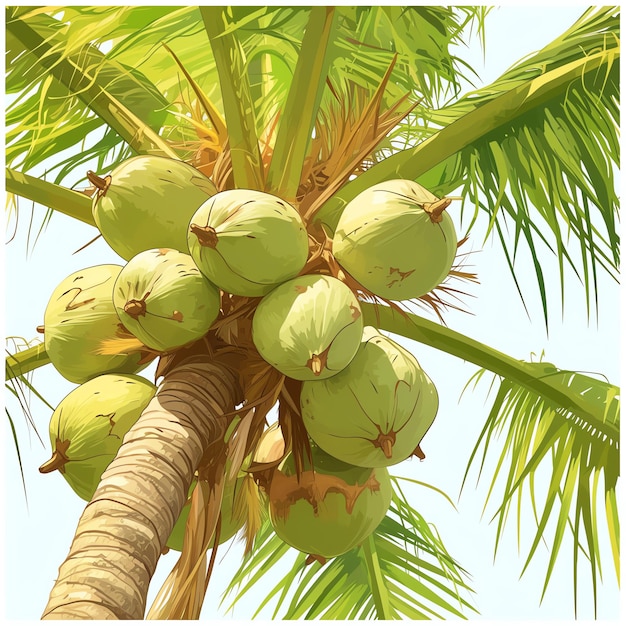 Closeup of a coconut tree with green coconuts against a clear sky tropical nature and summer vibe