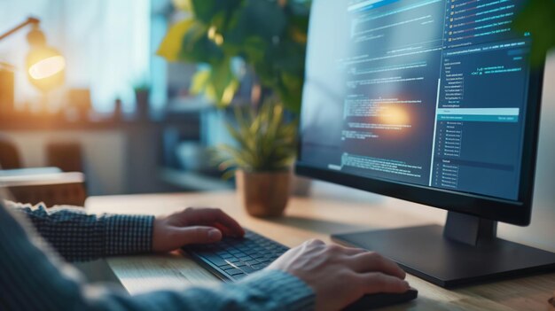 Closeup of a coders hands typing on a keyboard with a computer monitor displaying code in the background