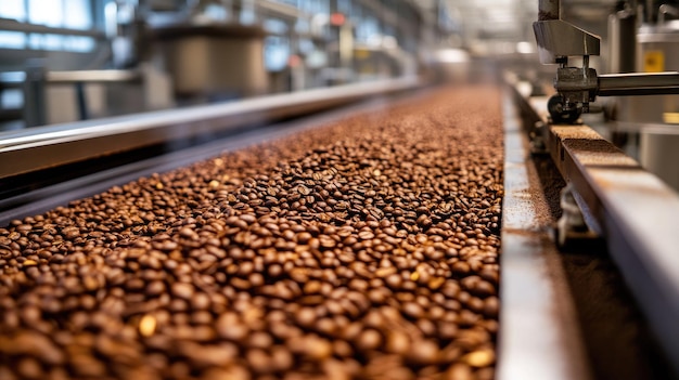 Photo closeup of coffee beans being processed in a large facility no people copy space