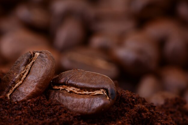 Closeup of coffee beans at roasted coffee heap. Coffee bean on macro ground coffee background. Arabic roasting coffee - ingredient of hot beverage