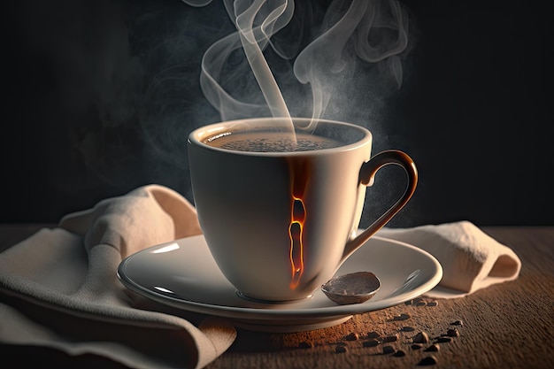 A closeup of a coffee cup on a napkin with steam rising from the hot drink