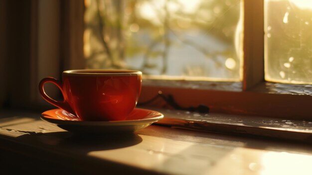 Photo a closeup of a coffee cup and saucer placed on a windowsill with sunlight streaming through the window