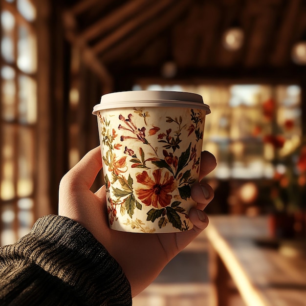 Photo closeup of coffee cup with floral decorations held by a mans hand