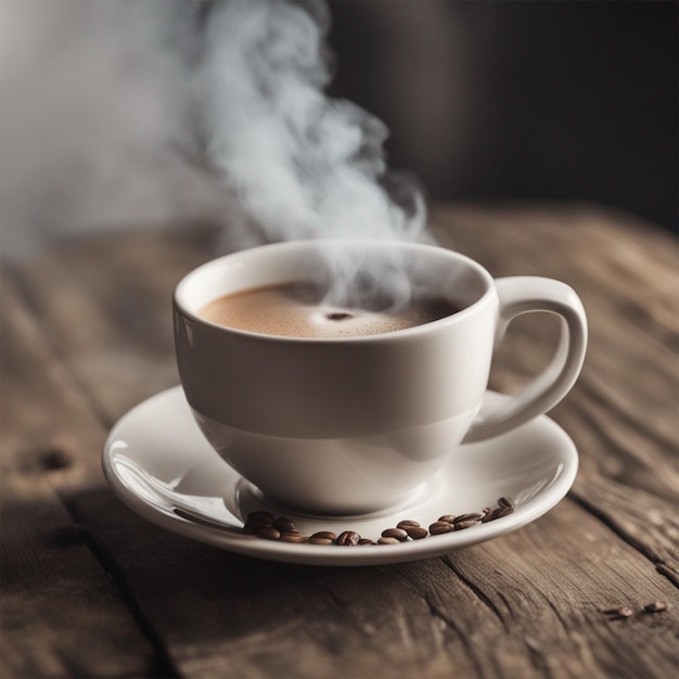 A closeup coffee cup on wooden table steam rising