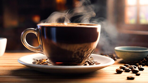 Closeup coffee cup on a wooden table