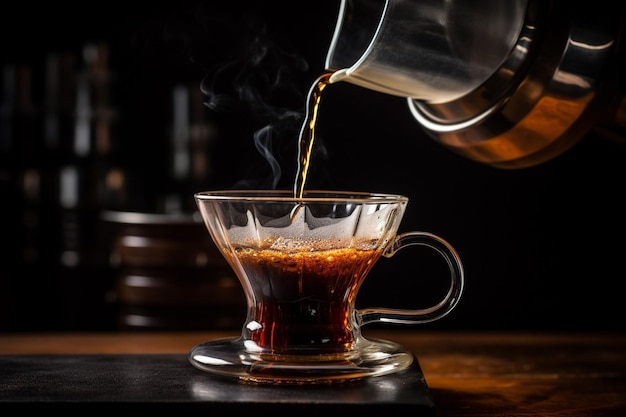 A closeup of coffee dripping into a glass pot from a pourover brewer