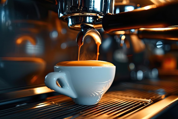 closeup of a coffee pouring in a cup from a coffee machine espresso brewing in a espresso machine