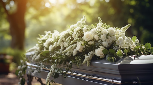 Photo closeup of a coffin in a cemetery before a funeral