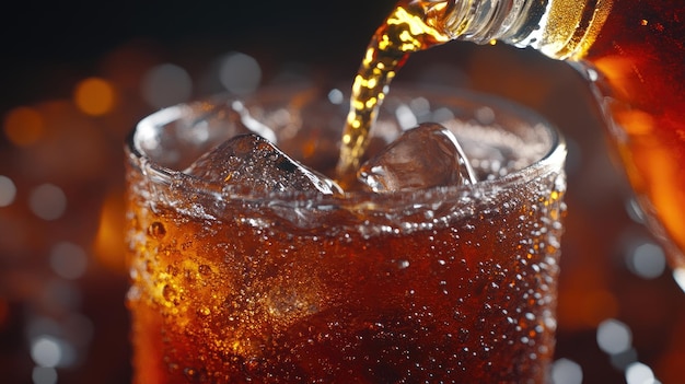 Photo closeup of cola being poured into a glass with ice