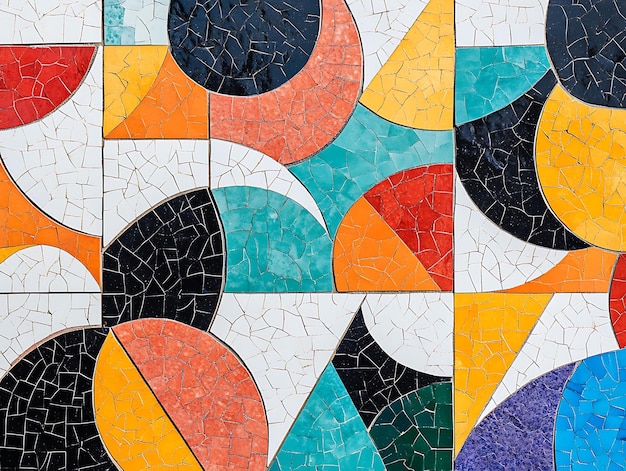 Photo closeup of a colorful abstract tile mosaic featuring vibrant geometric patterns in blue red orange and yellow shades