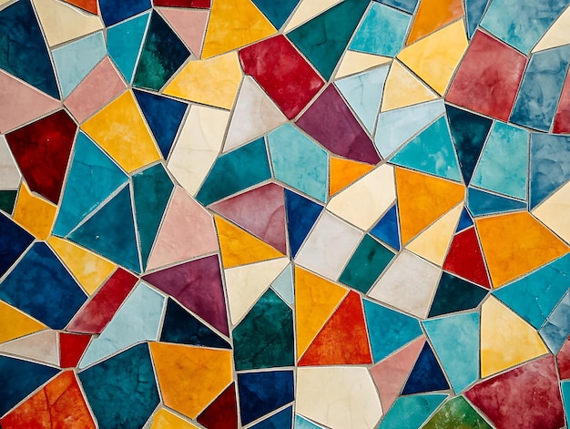 Closeup of a colorful abstract tile mosaic featuring vibrant geometric patterns in blue red orange and yellow shades