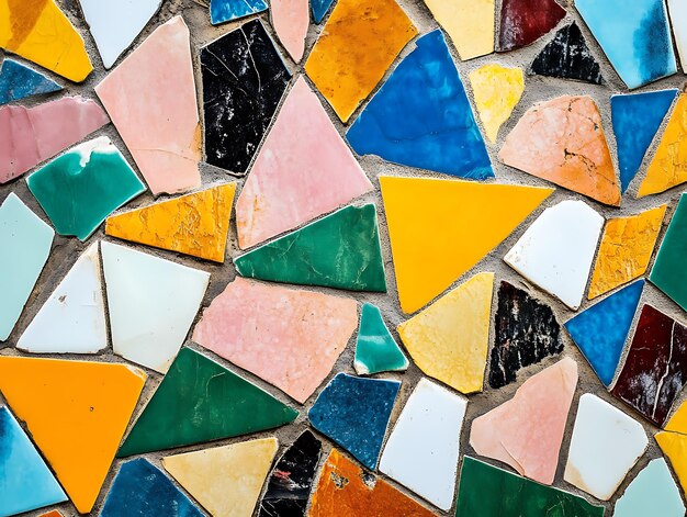 Closeup of a colorful abstract tile mosaic featuring vibrant geometric patterns in blue red orange and yellow shades