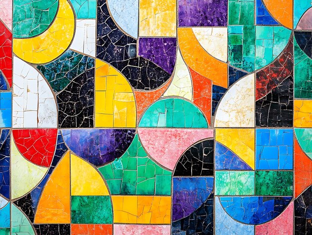 Photo closeup of a colorful abstract tile mosaic featuring vibrant geometric patterns in blue red orange and yellow shades