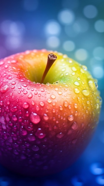 Photo closeup of colorful apple with water droplets on vibrant background