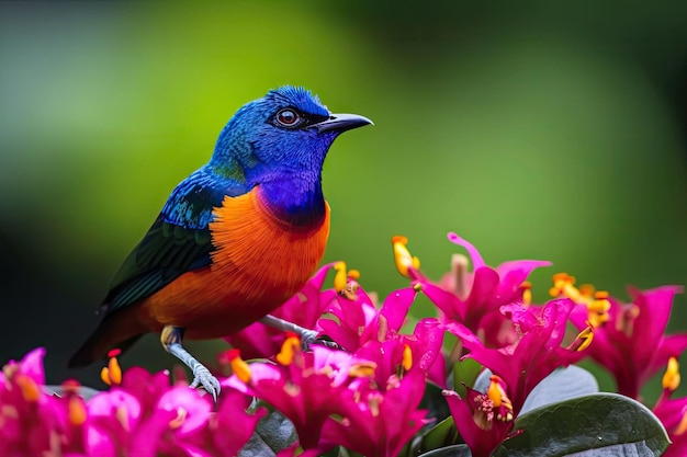 Closeup of colorful bird perched on flower created with generative ai