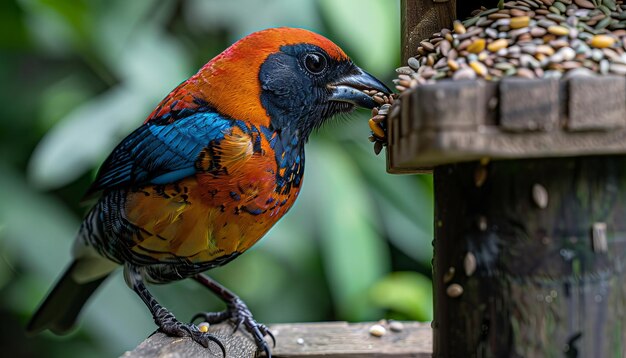 Photo closeup of a colorful bird with vibrant plumage eating seeds