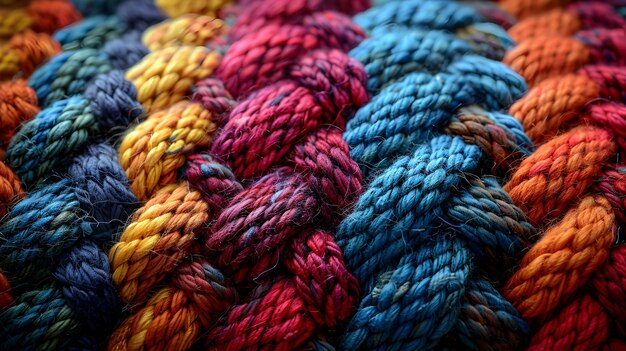 CloseUp of Colorful Braided Rope Texture with Vibrant Threads in Various Shades