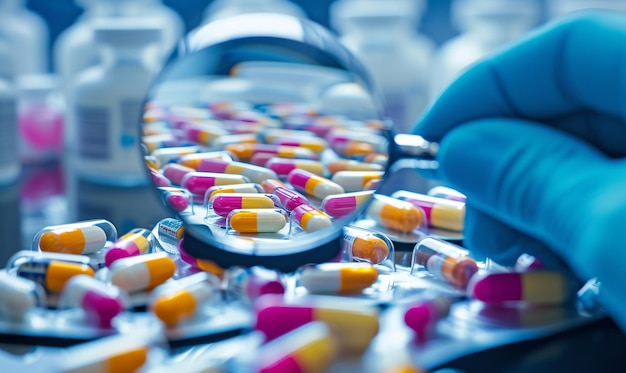 Closeup of colorful capsules with a magnifying glass and blurred medicine bottles in the background