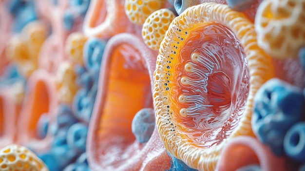 Closeup of colorful cellular structure showcasing intricate details and vibrant hues perfect for scientific and educational use