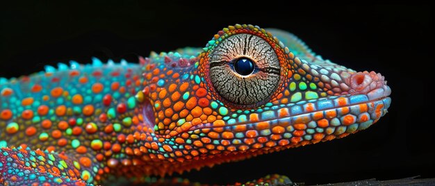 Photo closeup of colorful chameleon on black background