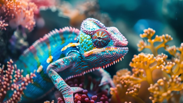 A closeup of a colorful chameleon sitting on a branch The chameleon is bright blue and green with a yellow eye