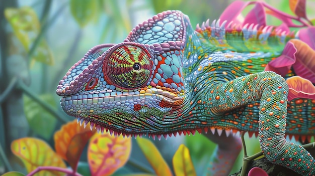 A closeup of a colorful chameleon sitting on a branch The chameleon is bright green blue and yellow with a red eye