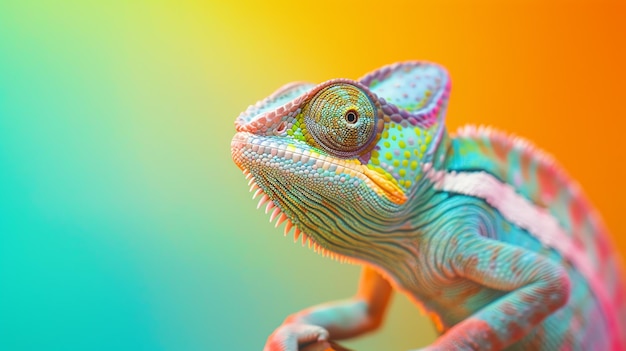 Photo closeup of a colorful chameleon with bright green blue and yellow scales