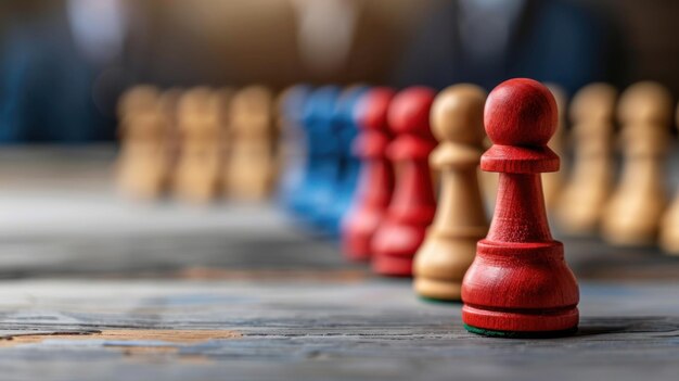 Closeup of colorful chess pawns lined up on a wooden surface representing unity teamwork and diversity in strategy