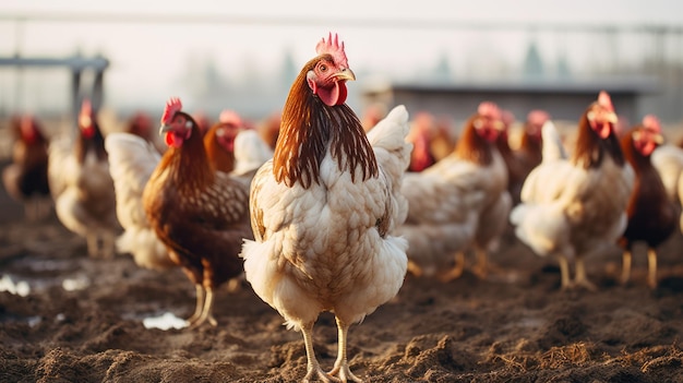 Closeup of colorful chickens in an openair poultry farm Meat and egg production agriculture poultry farming industrial business