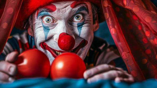 Photo closeup of a colorful clown with red nose and makeup