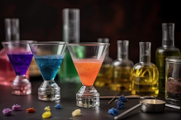 Closeup of colorful cocktail with ingredients and tools visible created with generative ai