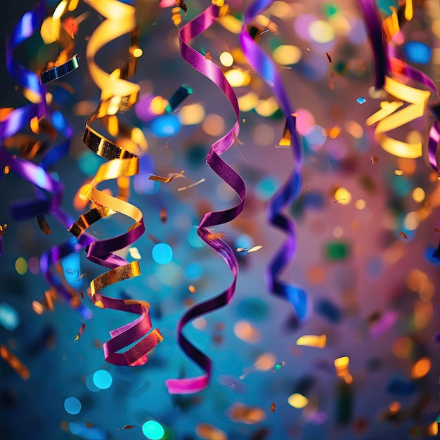 Closeup of colorful confetti and streamers in a disco in dim but warm and colorful light Job ID 836a