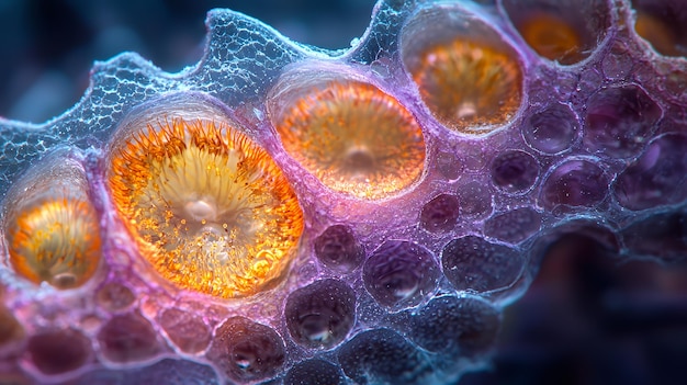 A closeup of a colorful coral polyp with translucent blue and pink skin and orange and yellow internal structures